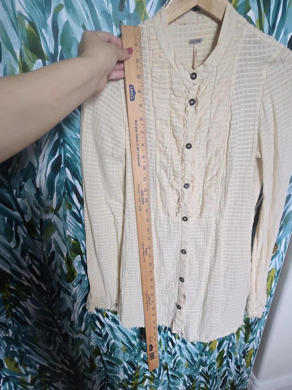 FREE PEOPLE Cream Pleated Bodice Grid Pattern Raw Ruffle Trim Peasant Top Sz 2